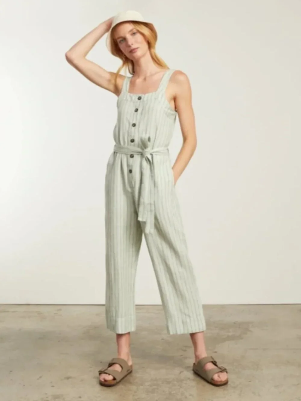 Everlane Women's Linen Picnic Jumpsuit in Seafoam Stripe Size 2